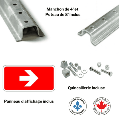 Affiche extérieure avec texte: Panneau d'aluminium indiquant une flèche pour localiser un équipement incendie (Conforme à la norme ISO 7010)