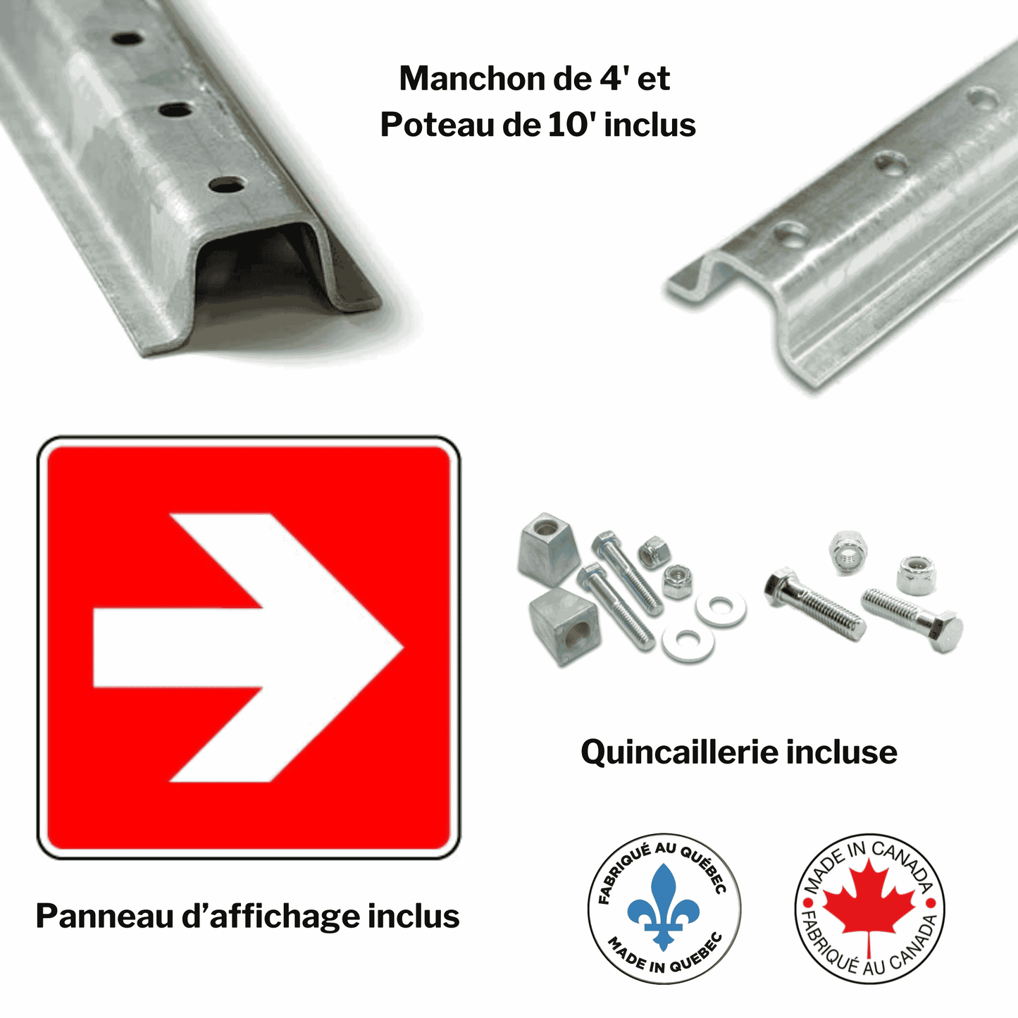 Affiche extérieure avec texte: Panneau d'aluminium indiquant une flèche pour localiser un équipement incendie (Conforme à la norme ISO 7010)